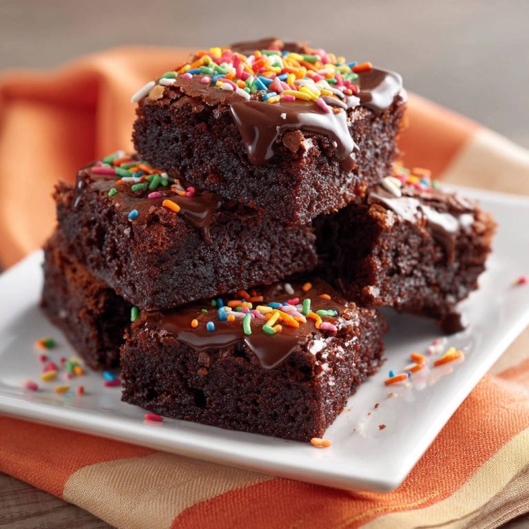 Brownies mit bunter Streusel-Glasur, gestapelt auf einem weißen Teller, Nahaufnahme der fudgy Textur.