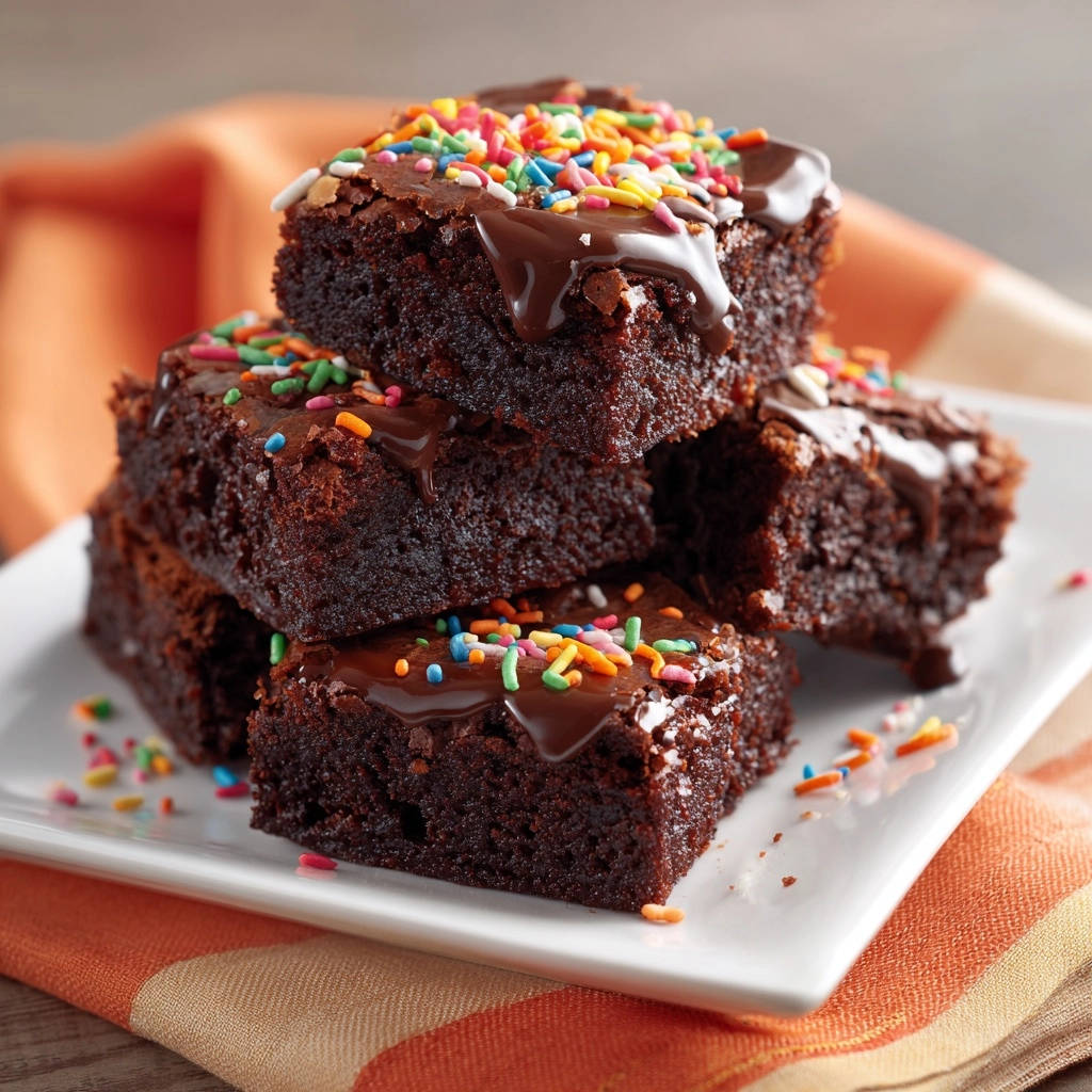 Brownies mit bunter Streusel-Glasur, gestapelt auf einem weißen Teller, Nahaufnahme der fudgy Textur.