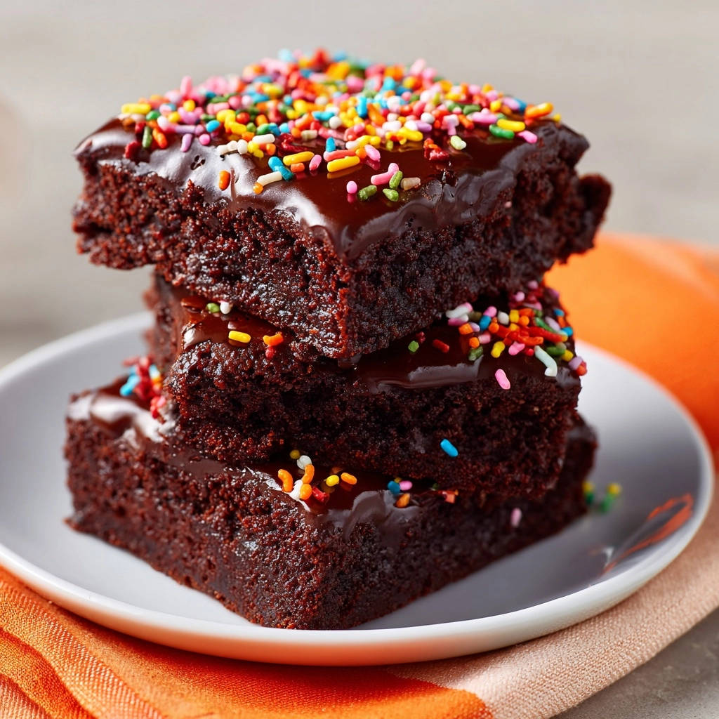 Brownies Gestapelt Mit Streuseln 1 Brownies, gestapelt auf einem Teller und mit bunten Streuseln garniert, zeigen ihre fudgy Textur.