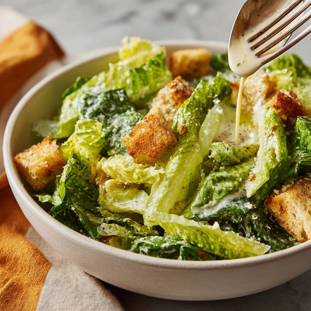 Caesar Salat Dressing Wird Uebergossen 1 Caesar Salat mit knackigem Römersalat und Croutons, dem das cremige Dressing mit einer Gabel übergegossen wird.