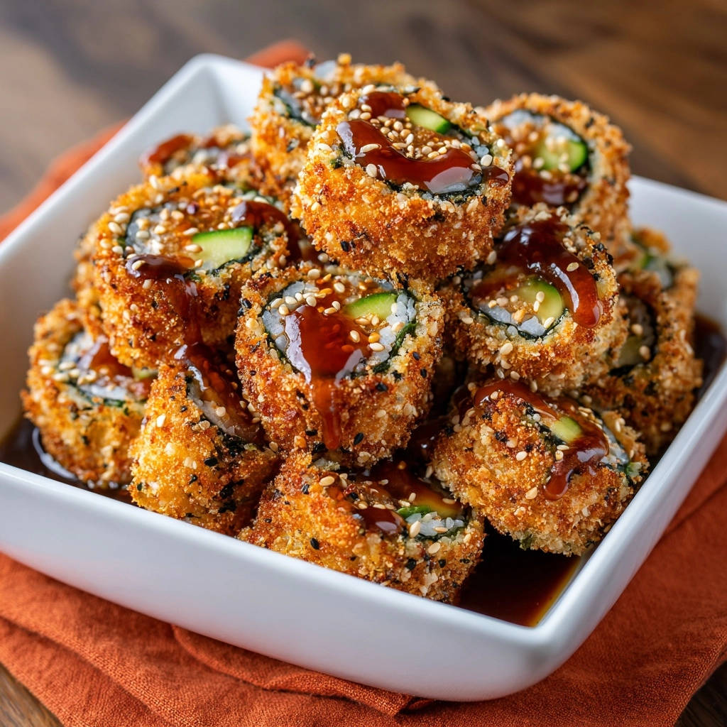 Frittierte Sushi-Röllchen mit Gurke und Sesam, übergossen mit einer glänzenden Glasur in einer weißen Schüssel.