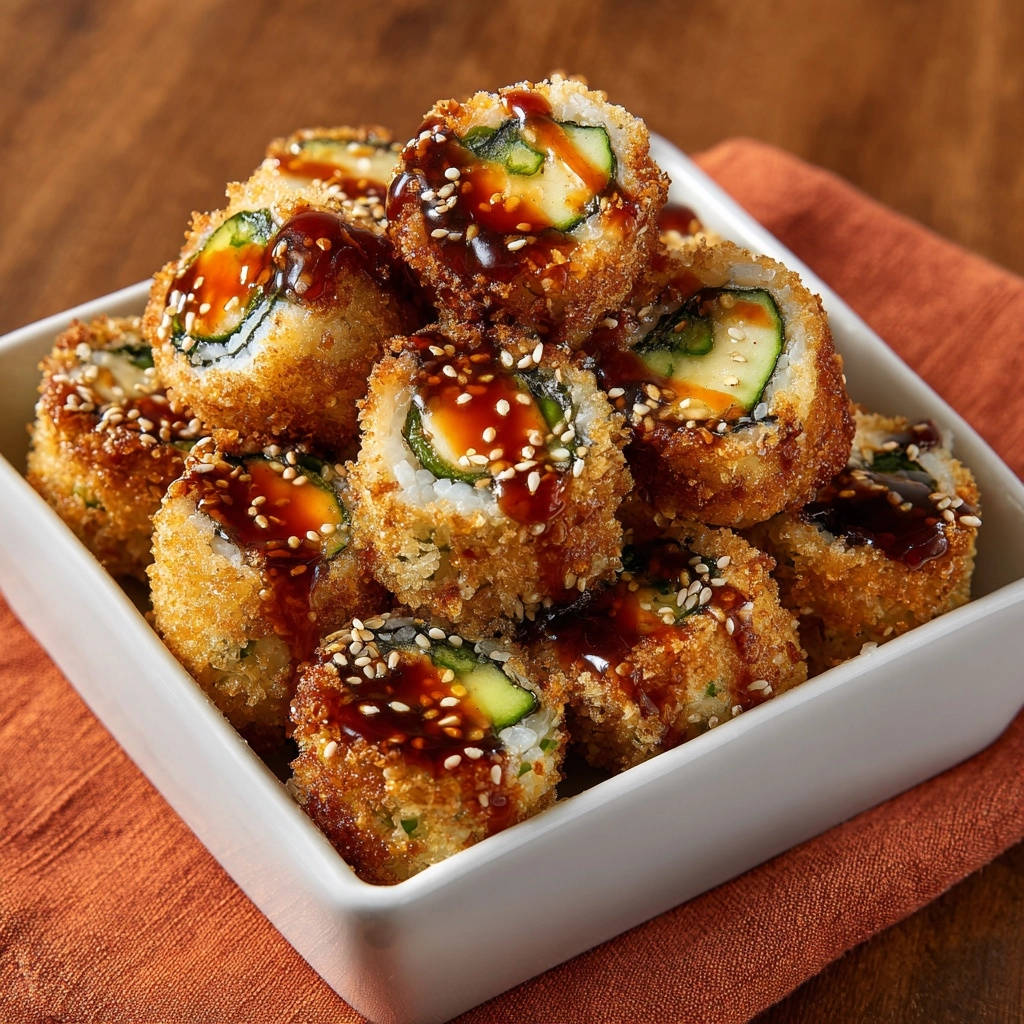 Frittierte Sushi-Röllchen mit glänzender Glasur und Sesamkörnern, knusprig und appetitlich angerichtet.