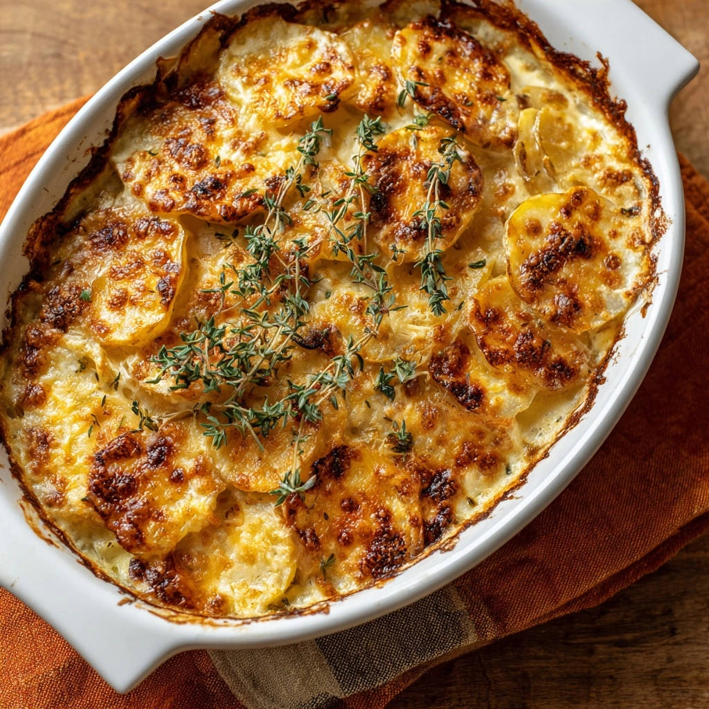 Gratin Dauphinois mit frischem Thymian garniert, aus einer weissen Auflaufform, goldbraun gebacken.