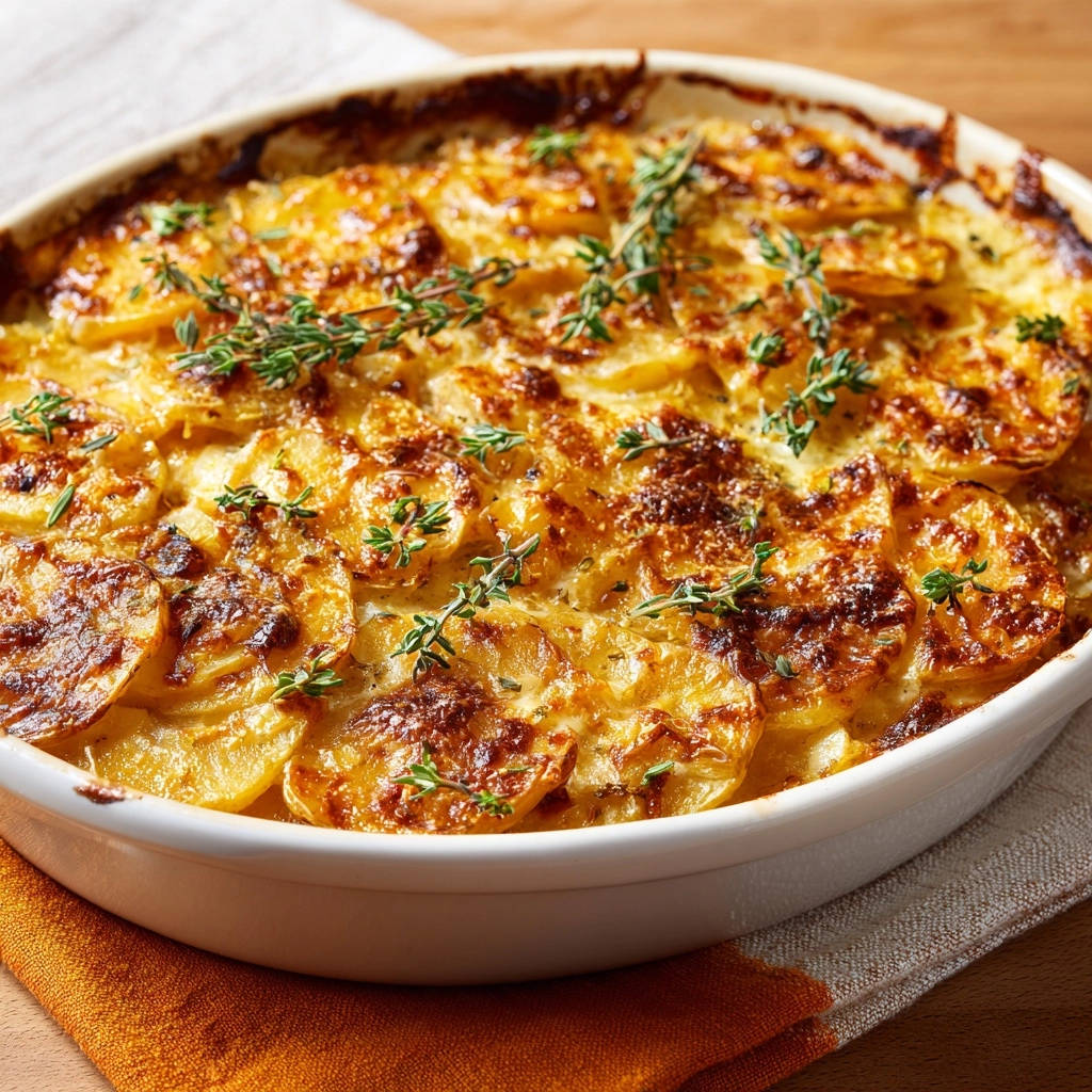 Gratin Dauphinois, ein cremiger Kartoffelauflauf, ist mit frischem Thymian garniert und goldbraun gebacken.