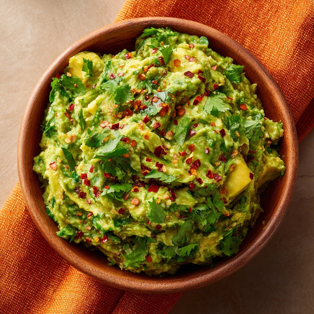 Guacamole Dip Garniert Mit Chili Und Koriander 1 Guacamole Dip garniert mit frischem Koriander und roten Chiliflocken in einer Holzschüssel, Nahaufnahme