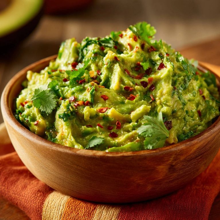 Guacamole Dip garniert mit Koriander und Chiliflocken in einer Holzschale, Nahaufnahme des cremigen Tellers.