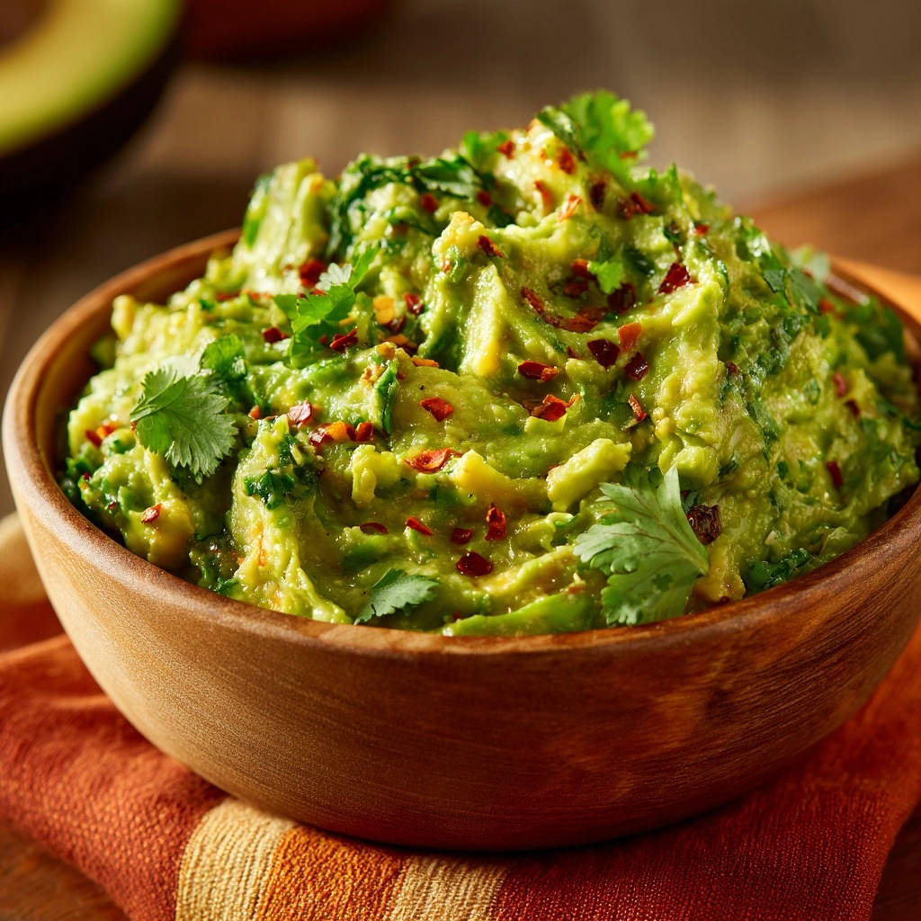 Guacamole Dip garniert mit Koriander und Chiliflocken in einer Holzschale, Nahaufnahme des cremigen Tellers.