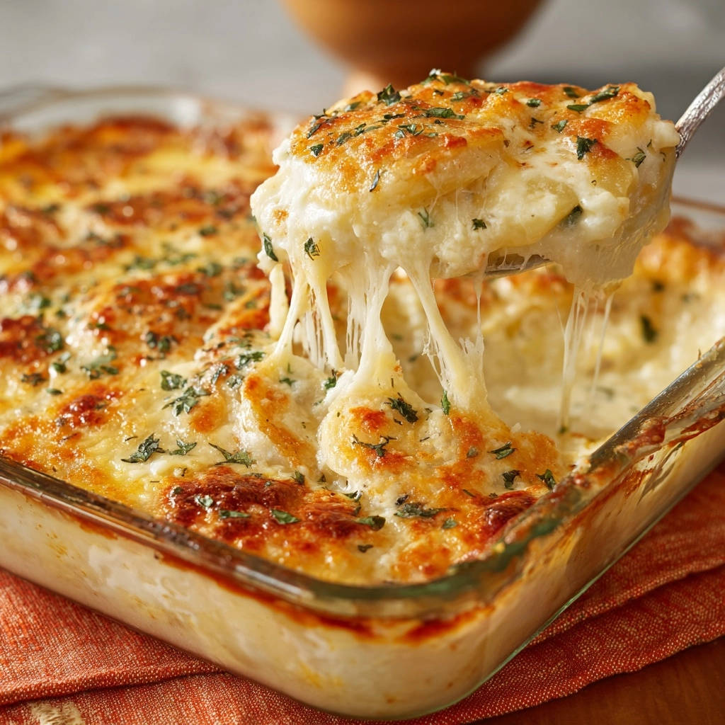 Kartoffelgratin mit einem Löffel herausgehoben, wobei der cremige Käse Fäden zieht und die goldbraune Kruste sichtbar ist.
