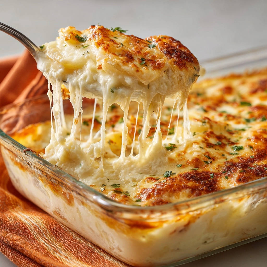 Kartoffelgratin mit zahnendem Käse, der von einer Löffelportion herunterhängt, frisch aus dem Ofen.