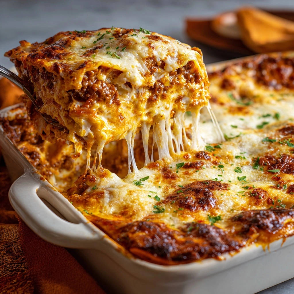Lasagne Bolognese angeschnitten, mit zäh schmelzendem Käse, der Fäden zieht.