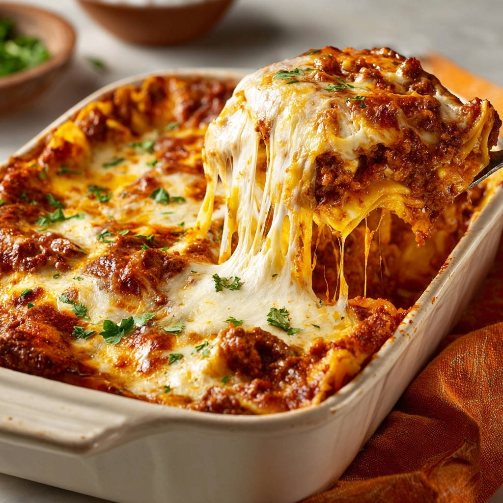 Lasagne Bolognese angeschnitten mit zäh schmelzendem Käse, perfekt für ein schnittfestes Stück