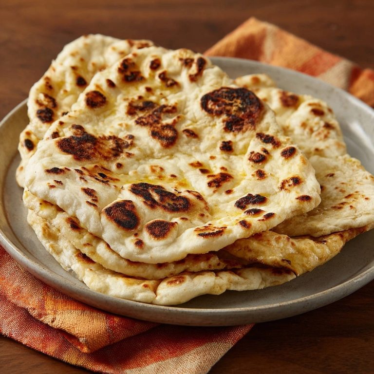 Naan Brot, gestapelt auf einer grauen Platte, mit leichten Brandstellen und goldenen Butterflocken.