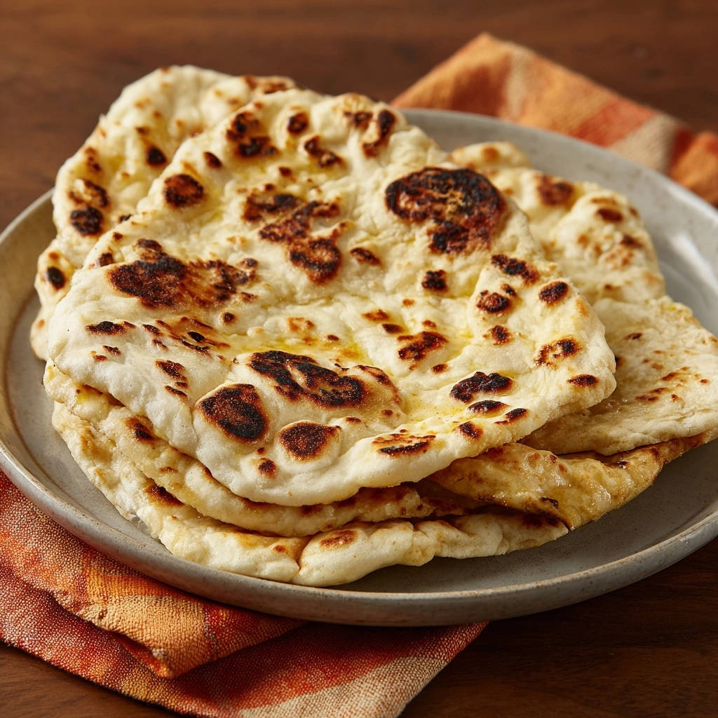 Naan Brot, gestapelt auf einer grauen Platte, mit leichten Brandstellen und goldenen Butterflocken.
