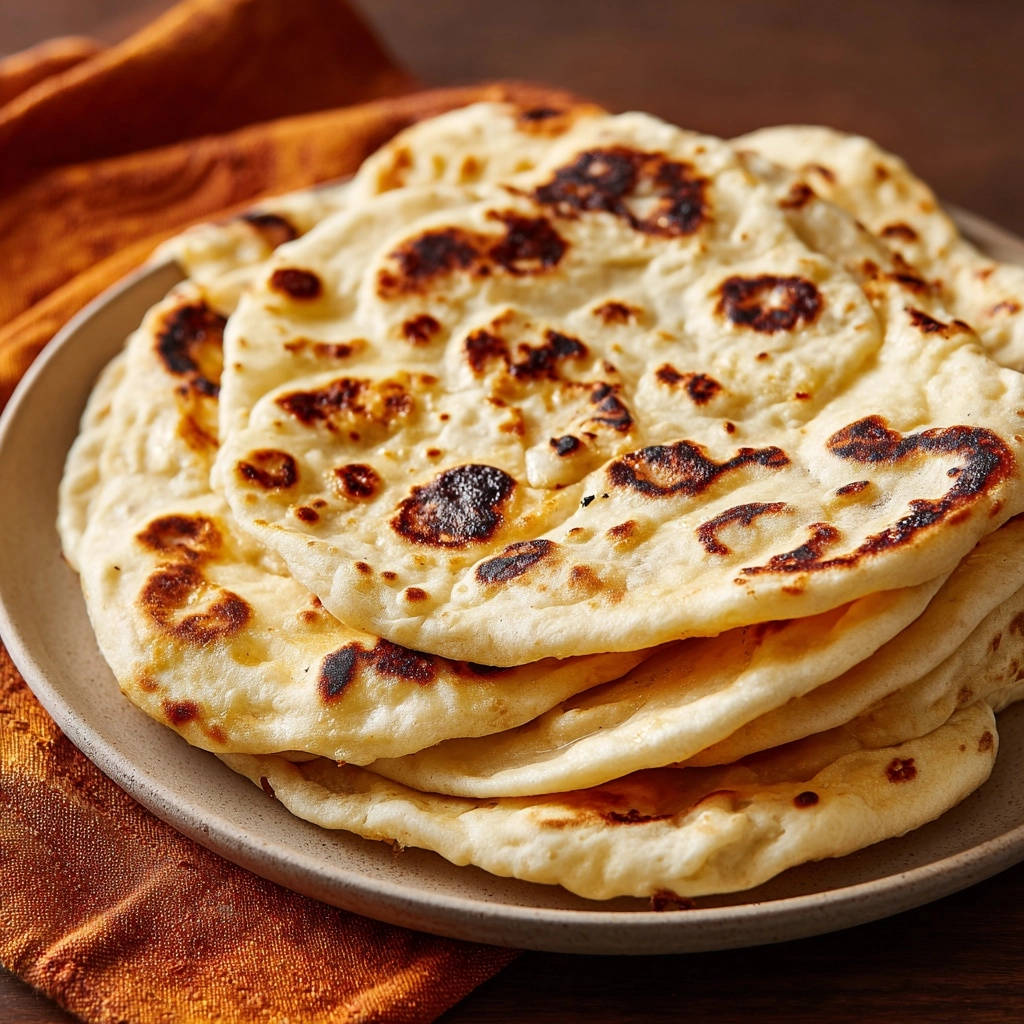 Naan Brot Stapel Auf Teller 1 Naan Brot als Stapel auf einem Teller, mit gebräunten Stellen und einer leicht unebenen Textur, appetitlich angerichtet.