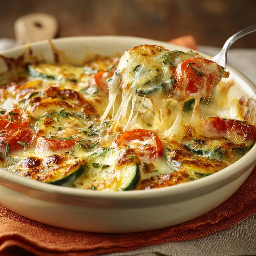 Zucchini Gratin mit unwiderstehlich luftigen Käsefäden, die von einer Gabel gezogen werden.