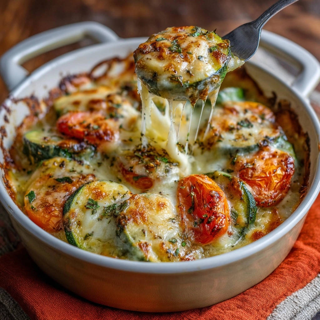 Zucchini Gratin: Ein Stück mit geschmolzenem Käse, das Fäden zieht, aus dem Auflauf gehoben.