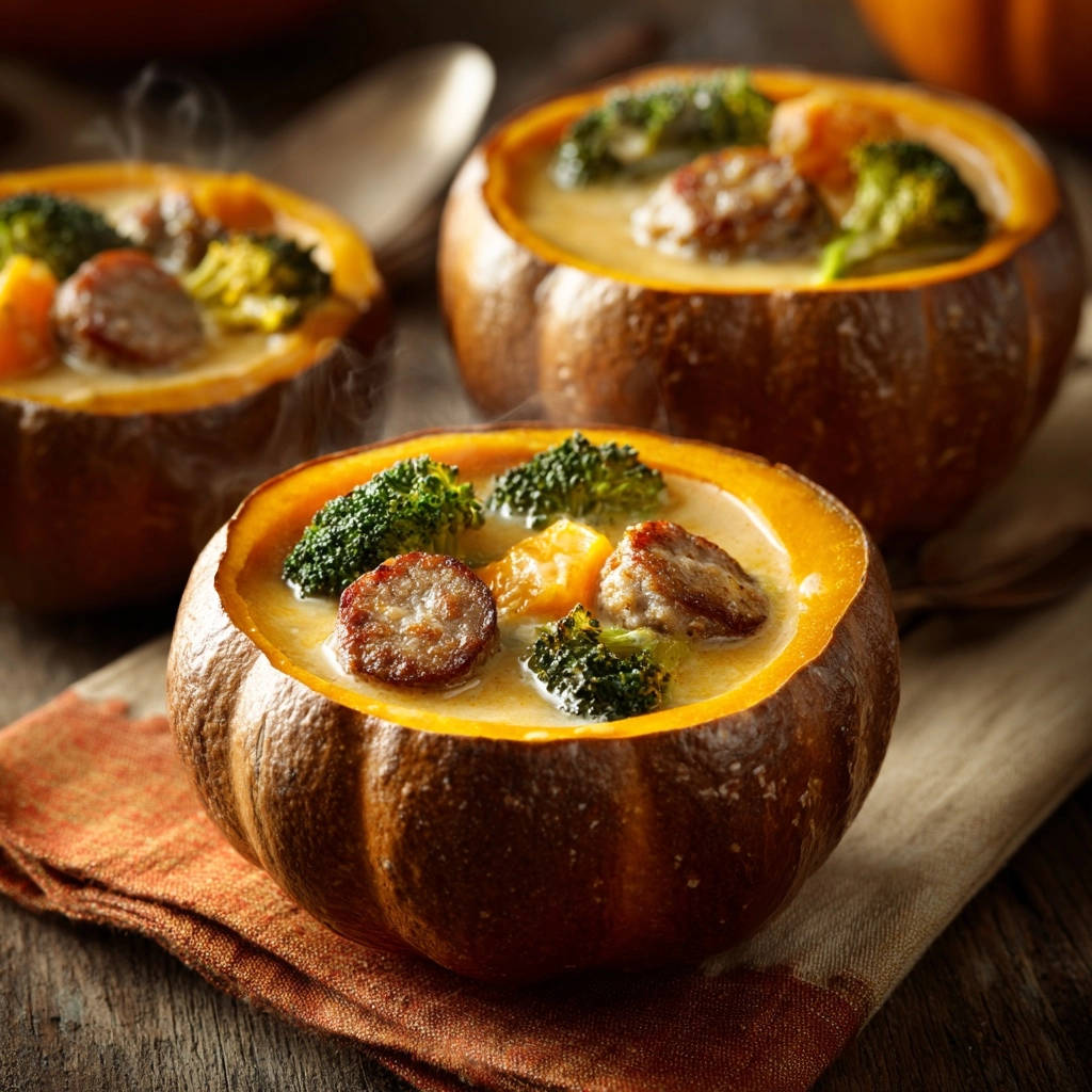 Herzhafte Kürbis-Suppen-Schalen mit Wurst und Brokkoli