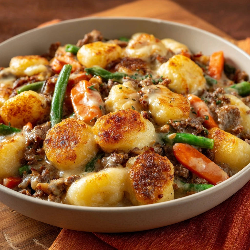 Herzhafter Klöße-Eintopf mit cremigem Hackfleisch-Gemüse