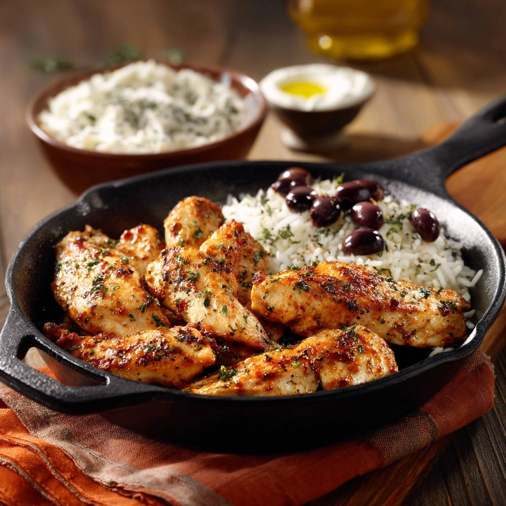 Saftige Hähnchenstreifen mit Kräuterreis und Oliven