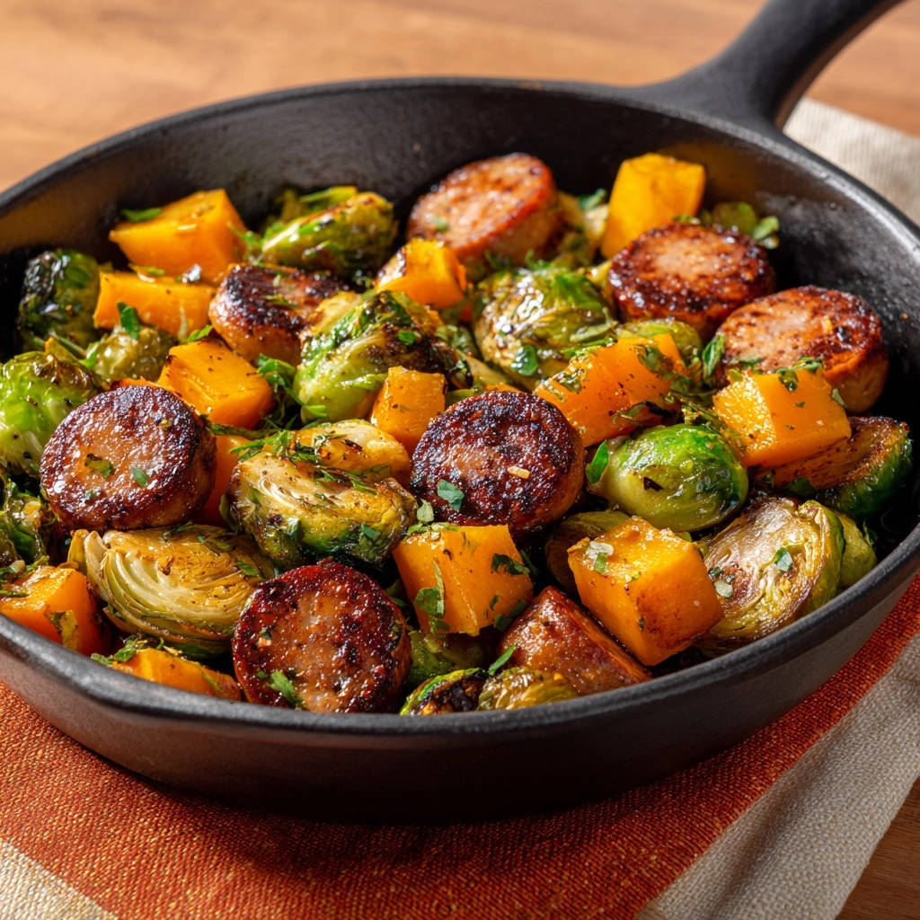 Herzhafte Wurstpfanne mit Kürbis und Rosenkohl