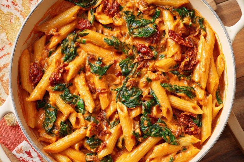 Cremige Penne mit Spinat & getrockneten Tomaten