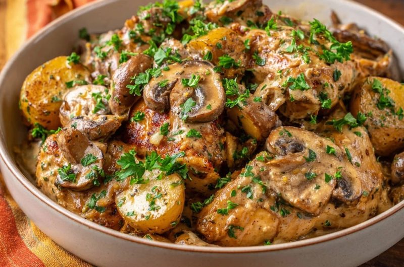 Cremiges Hähnchen mit Pilzen und Kartoffeln