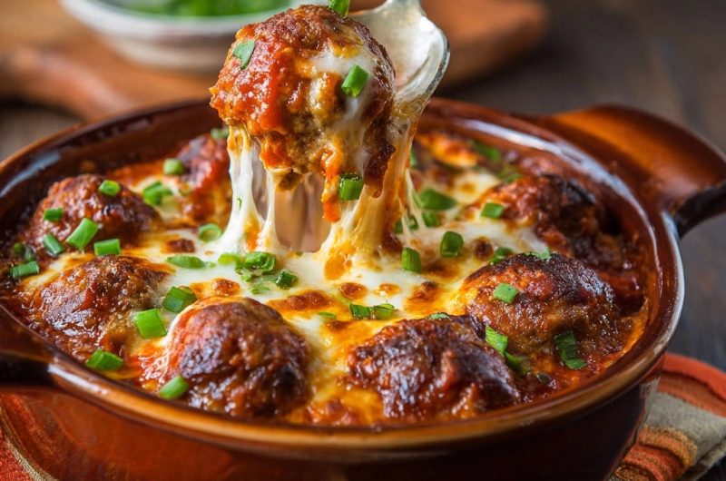 Gebackene Käse-Hackbällchen in reichhaltiger Tomatensoße