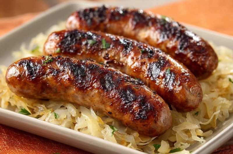 Herzhafte Bratwürste auf Sauerkraut