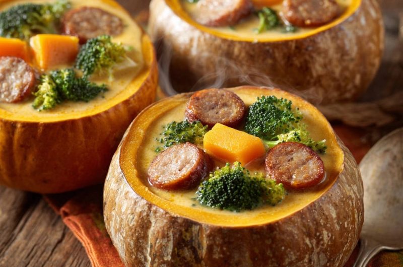 Herzhafte Kürbis-Suppen-Schalen mit Wurst und Brokkoli