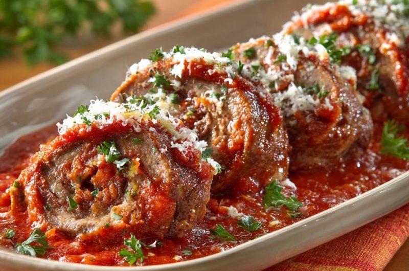 Herzhafte Rinder-Hackbraten-Roulade in würziger Tomatensoße