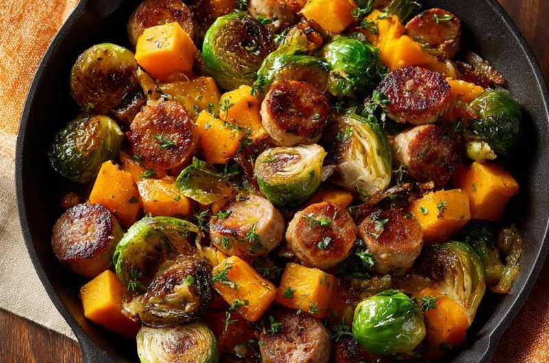 Herzhafte Wurstpfanne mit Kürbis und Rosenkohl