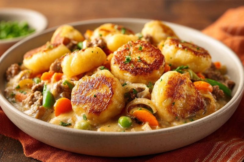 Herzhafter Klöße-Eintopf mit cremigem Hackfleisch-Gemüse