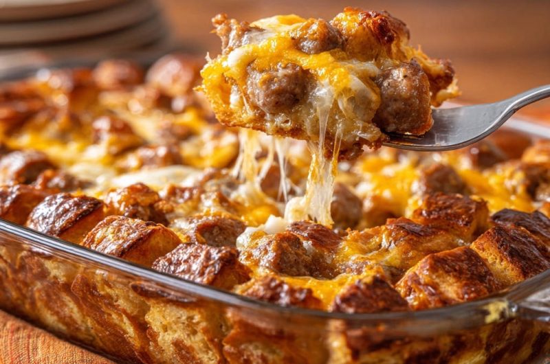 Herzhafter Wurst-Käse-Brot-Auflauf