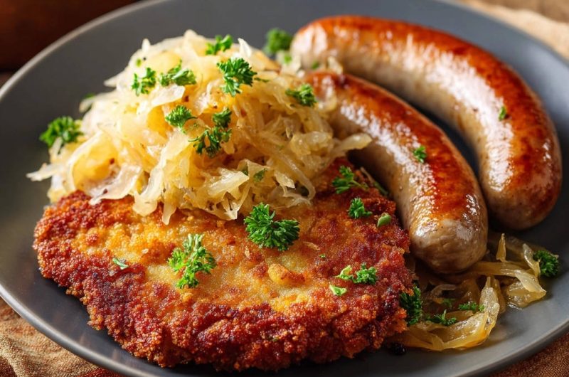 Klassische Schnitzel-Platte mit Bratwurst und Sauerkraut