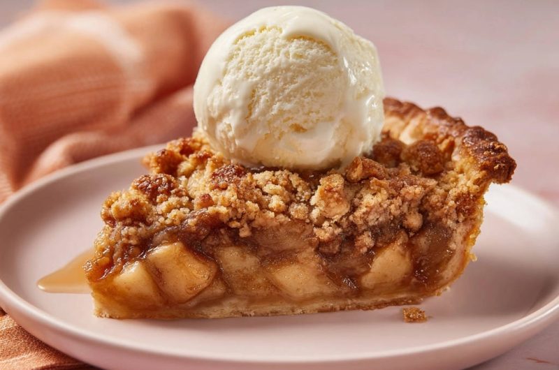Klassischer Apfelkuchen mit Streuseln und Vanilleeis