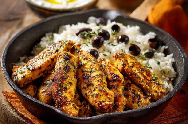 Saftige Hähnchenstreifen mit Kräuterreis und Oliven
