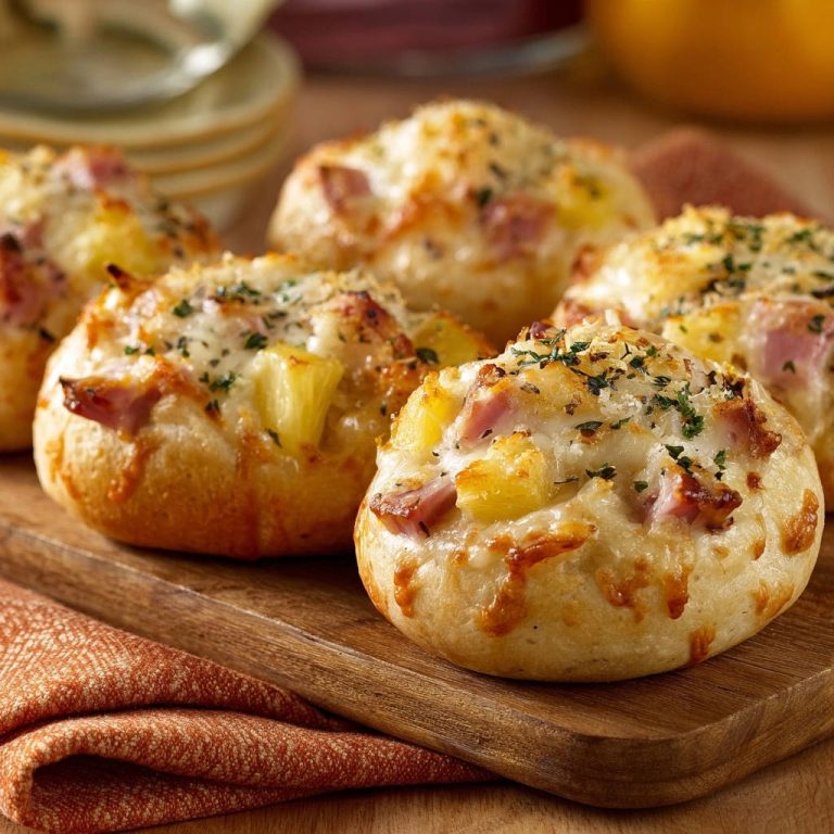 Herzhafte Ananas-Bacon-Käse Brötchen als Nahaufnahme auf einem Holzbrett serviert, mit geschmolzenem Käse und Kräutern garniert.
