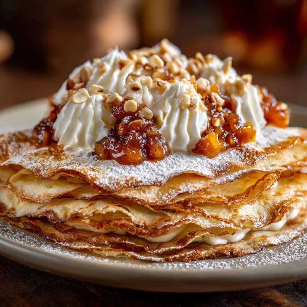 Apfel Crepes Garniert 1 Zarte Apfel-Crêpes mit Sahne, garniert mit Nüssen und Marmelade, bestäubt mit Puderzucker
