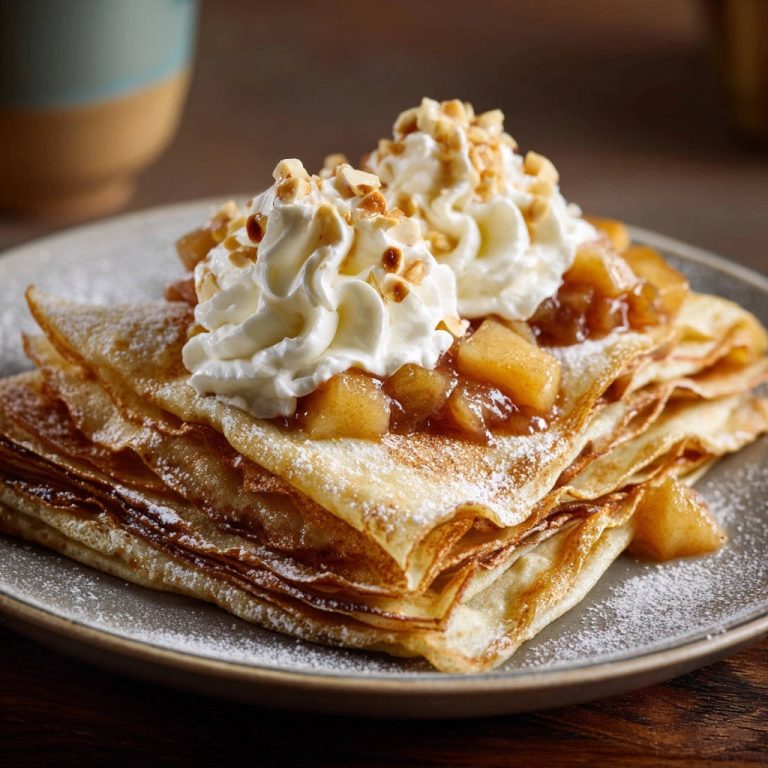 Zarte Apfel-Crêpes mit Sahne, garniert mit Nüssen und Puderzucker auf einem Teller