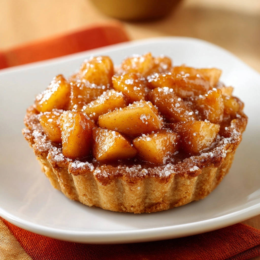 Apfel-Karamell-Törtchen mit Puderzucker bestäubt und karamellisierten Apfelstücken, Nahaufnahme der Füllung.