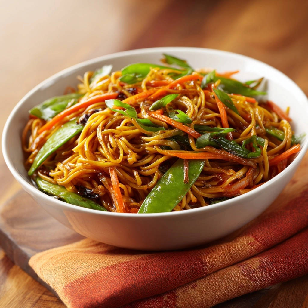 Asiatische Wok Nudeln Nahaufnahme Gemuese 1 Asiatische Wok-Nudeln mit knackigem Gemüse, Nahaufnahme mit Fokus auf die Textur und die leuchtenden Farben der Zutaten.