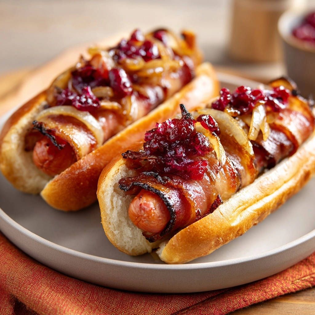 Gourmet Bacon-Wurst im Brötchen, eine Nahaufnahme eines aufgeschnittenen Brötchens mit Speck umwickelter Wurst, garniert mit karamellisierten Zwiebeln und Preiselbeeren.