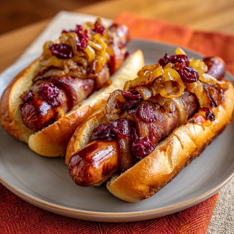 Gourmet Bacon-Wurst im Brötchen, zwei serviert auf einem Teller mit Cranberry-Topping und karamellisierten Zwiebeln.