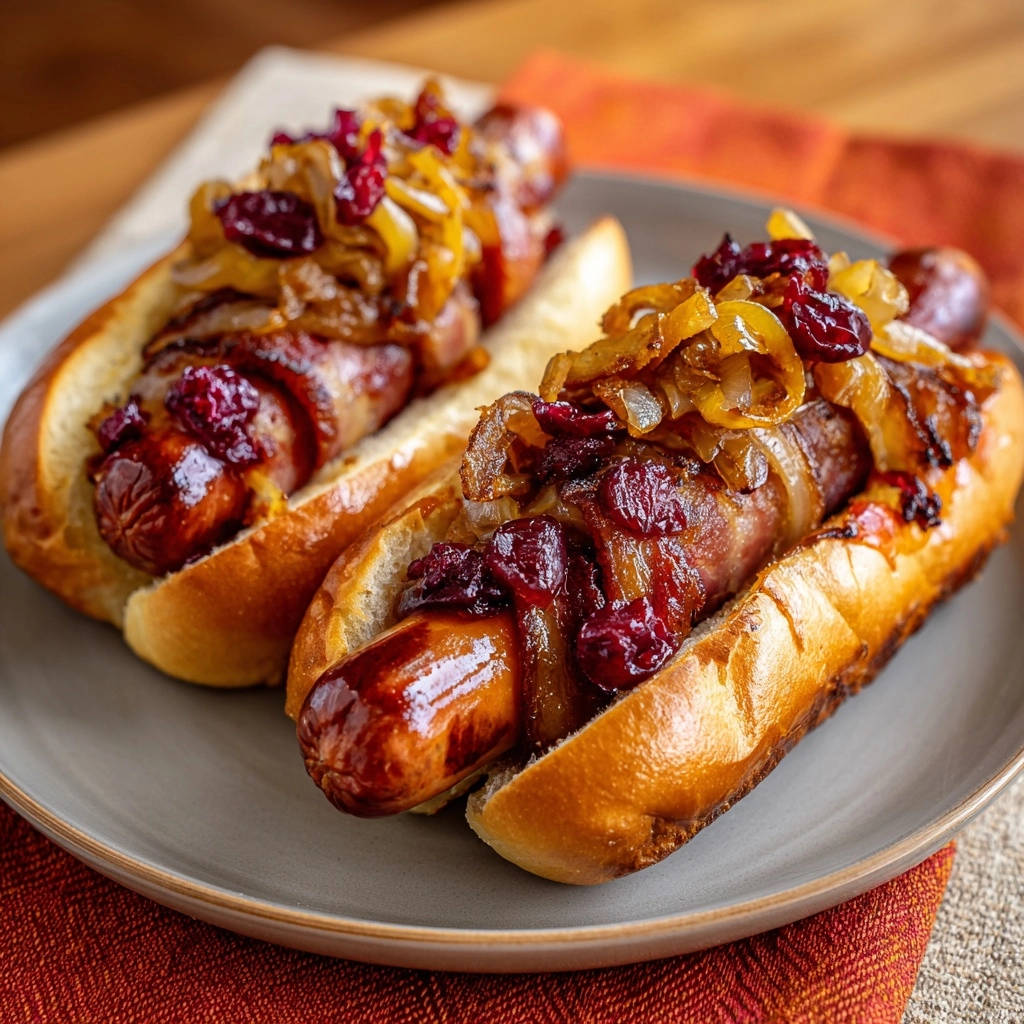 Gourmet Bacon-Wurst im Brötchen, zwei serviert auf einem Teller mit Cranberry-Topping und karamellisierten Zwiebeln.