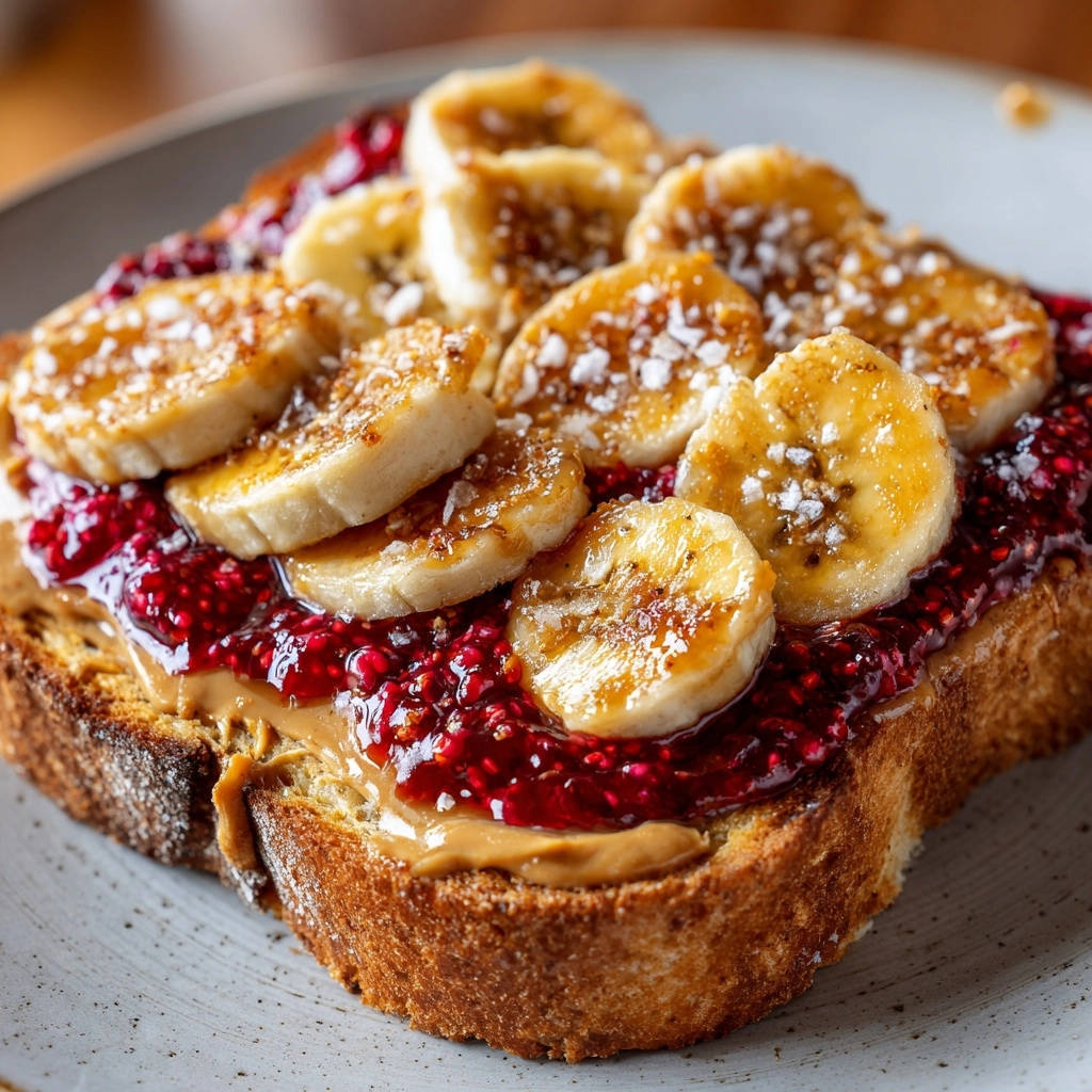 Bananen Traum Toast Detail Mit Beeren 1 Goldbrauner Bananen-Traum-Toast mit Brombeermarmelade und Bananenscheiben, nahaufnahme der Textur.
