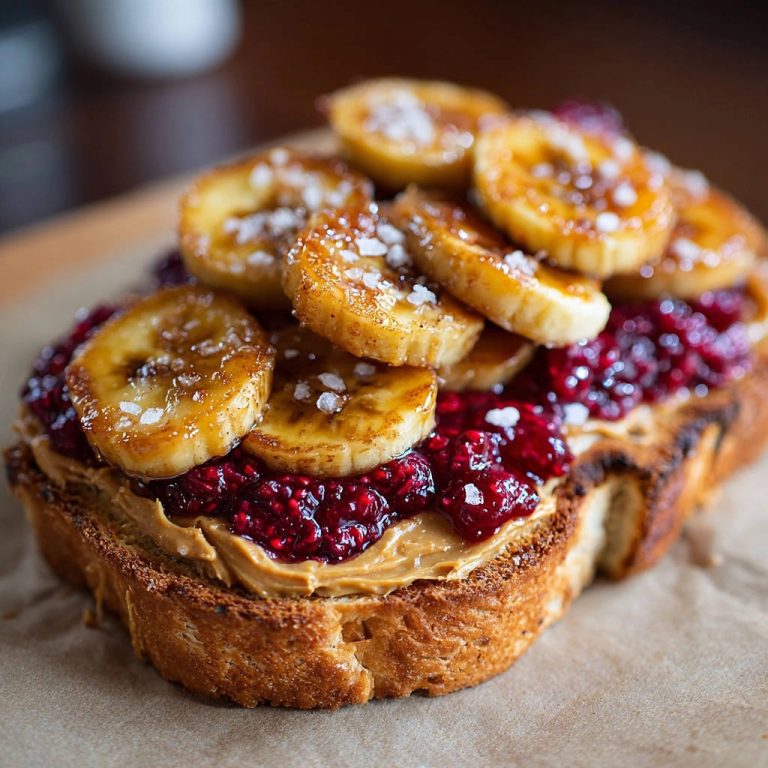 Goldbrauner Bananen-Traum-Toast mit Erdnussbutter und Himbeermarmelade, Nahaufnahme der Toppings und Textur.