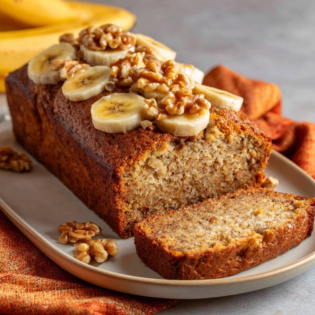 Bananenbrot Mit Walnuessen Angeschnitten 1 Saftiges Bananenbrot mit Walnüssen, angeschnitten und mit Bananenscheiben und Nüssen garniert, auf einem Teller serviert.
