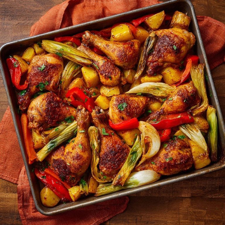 Herzhaftes Blech-Hähnchen mit Ofengemüse, saftig und knusprig, aus der Vogelperspektive in einer Backform arrangiert.