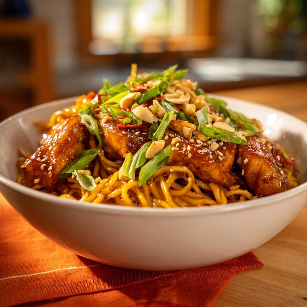Blitz-Wok-Nudeln mit knusprigem Hähnchen, garniert mit Frühlingszwiebeln und Erdnüssen in einer weißen Schüssel.