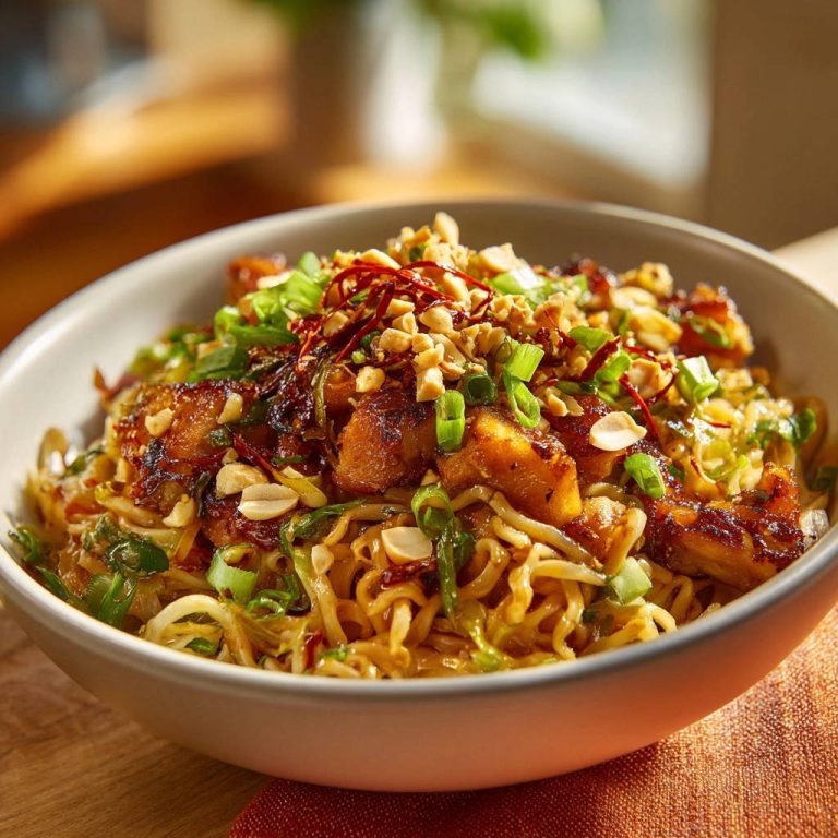 Blitz-Wok-Nudeln mit knusprigem Hähnchen, serviert in einer Schüssel mit gehackten Erdnüssen und Frühlingszwiebeln als Garnitur.